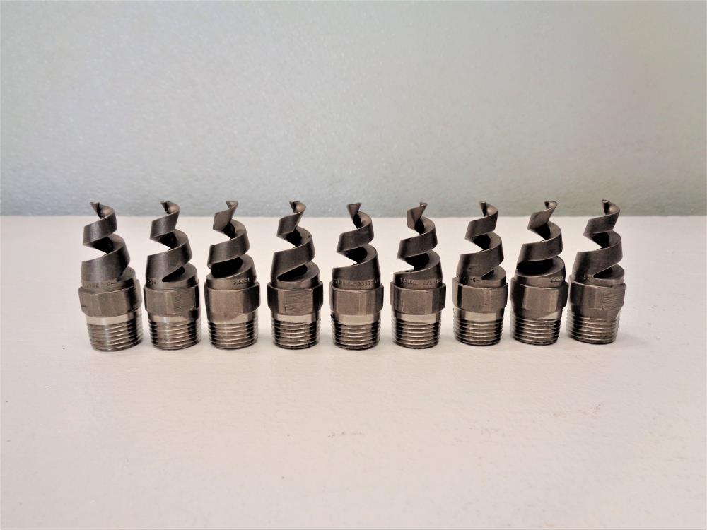Lot of (9) Spraying Systems 3/8" SpiralJet Nozzles, Stainless HHSJ-20SS12082-S